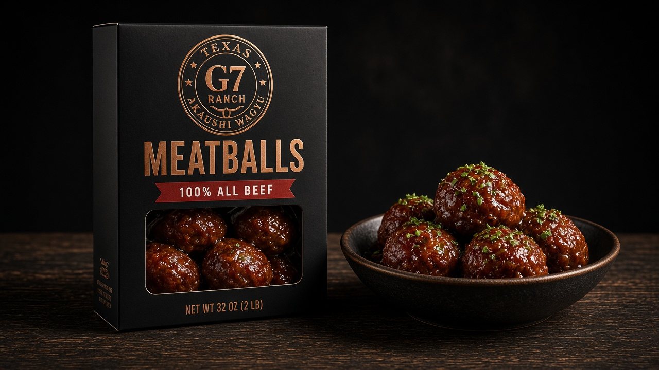 Box of G7 Ranch Wagyu Meatballs beside a bowl of glazed meatballs